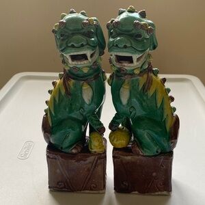 A Pair of Vintage Asian Green and Yellow Porcelain Foo Dogs/Lions 8" Tall